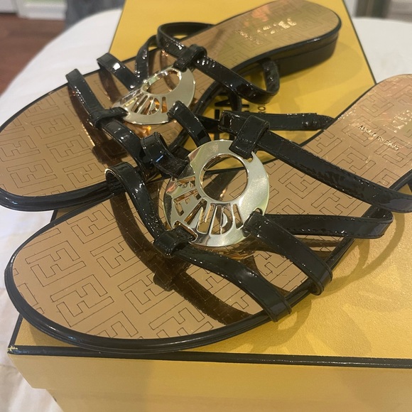 Fendi Black and Gold Slide Sandals - Picture 1 of 7